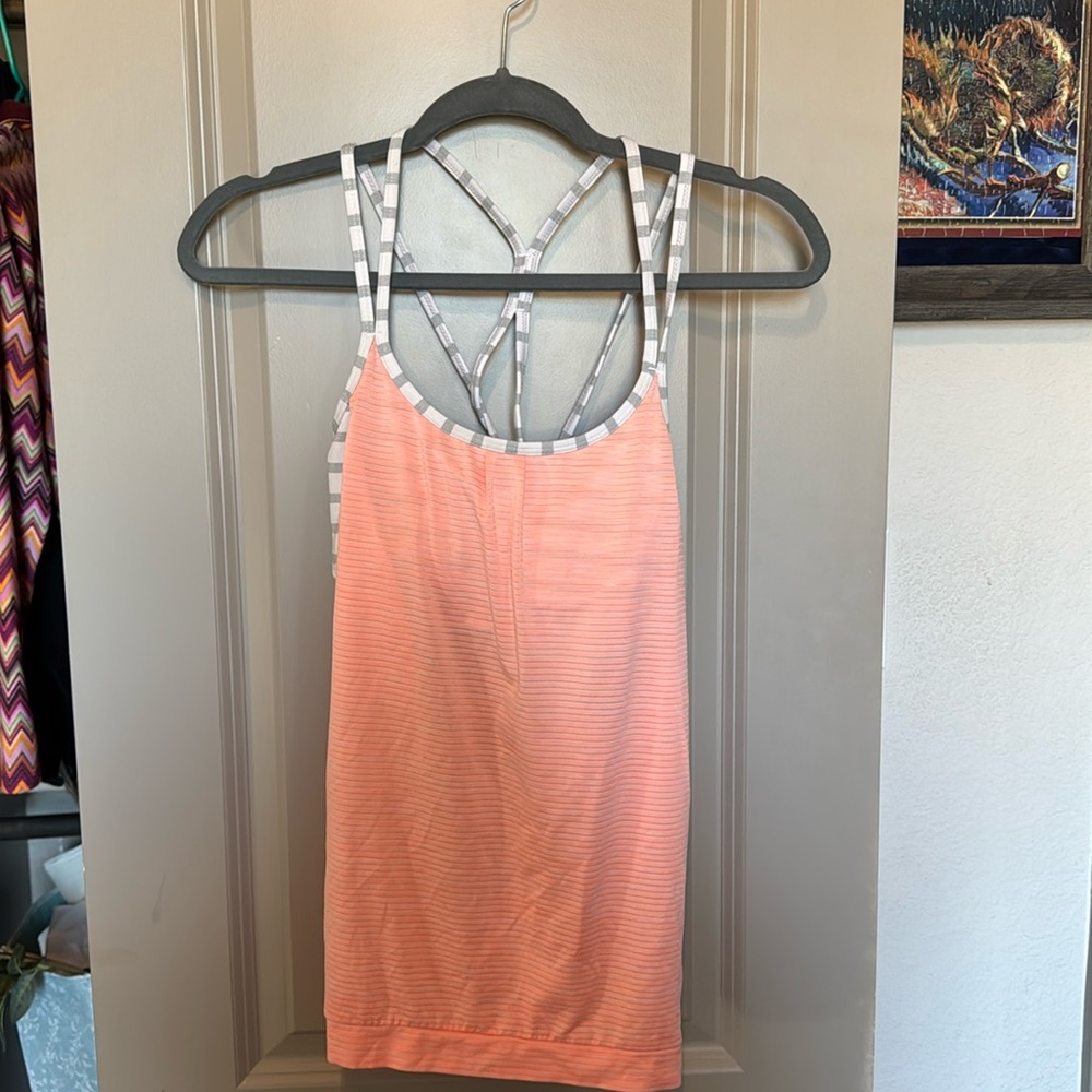 EUC Athleta Hyperstripe Energize Tank Orange/ grey white stripe Size S